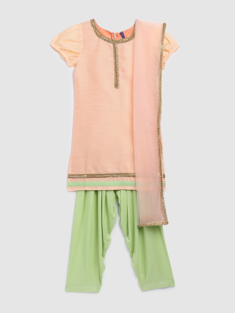 

YK Girls Peach-Coloured & Green Kurta Set with Dupatta