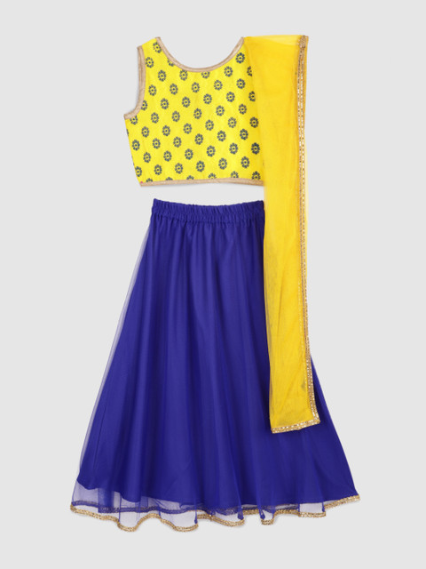 

YK Girls Yellow & Blue Printed Ready to Wear Lehenga & Blouse with Dupatta