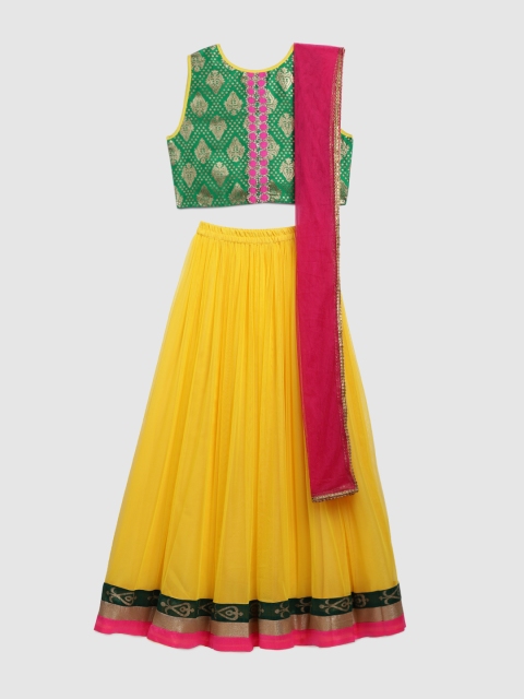 

YK Girls Yellow & Green Woven Design Ready to Wear Lehenga & Blouse with Dupatta