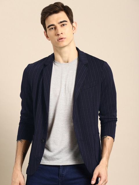 

ether Navy Blue & White Striped Single-Breasted Casual Blazer