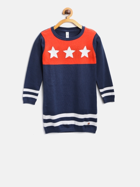 

U.S. Polo Assn. Kids Girls Navy & Orange Colourblocked Sweater Dress, Navy blue