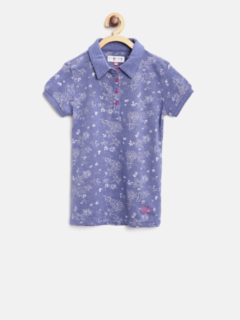 

U.S. Polo Assn. Kids Girls Blue & Off-White Floral Print Polo Collar T-shirt