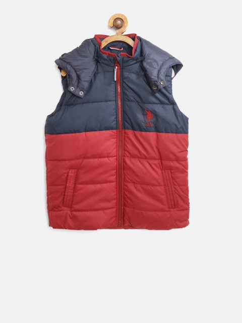 

U.S. Polo Assn. Kids Boys Navy & Red Colourblocked Padded Jacket with Detachable Hood, Navy blue