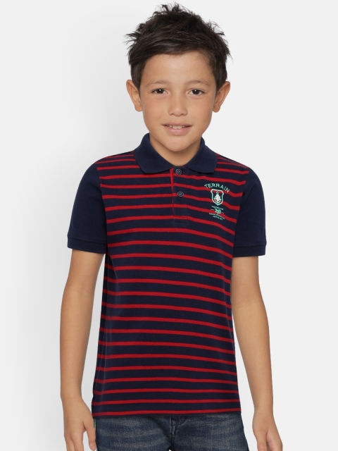 

Indian Terrain Boys Navy Blue Striped Polo Collar T-shirt