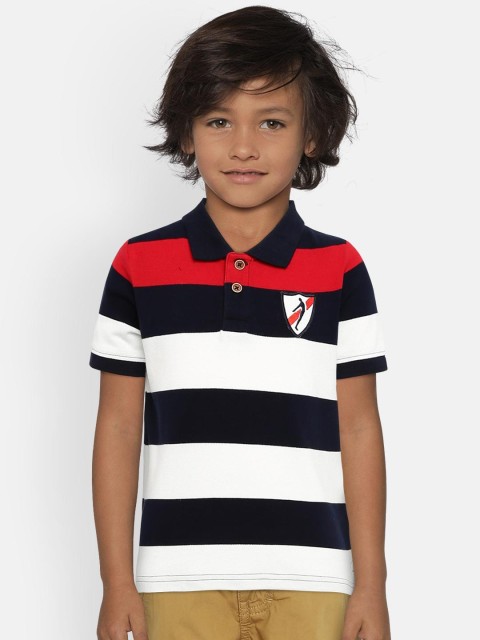 

Indian Terrain Boys Navy Blue Striped Polo Collar T-shirt