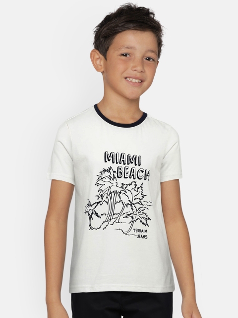 

Indian Terrain Boys White & Navy Blue Printed Round Neck Pure Cotton T-shirt