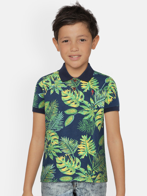 

Indian Terrain Boys Navy Blue & Green Printed Polo Collar T-shirt