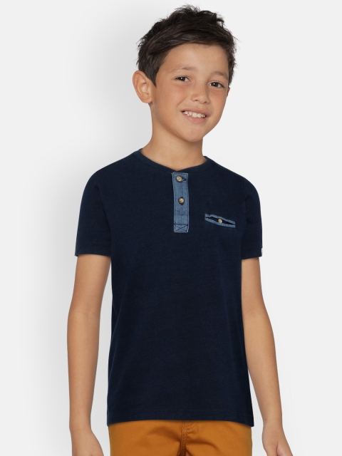 

Indian Terrain Boys Navy Blue Solid Henley Neck T-shirt