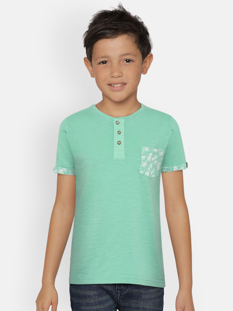 

Indian Terrain Boys Mint Green Solid Henley Neck T-shirt