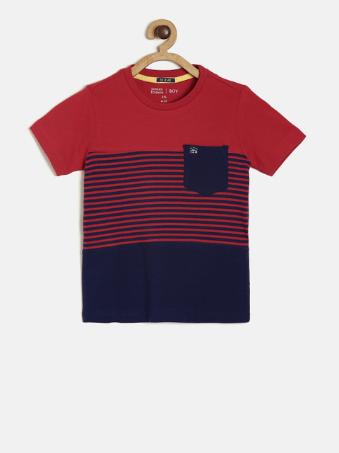 

Indian Terrain Boys Red & Navy Blue Striped Round Neck T-shirt