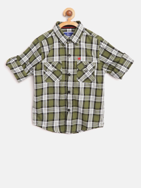 

612 league Boys Olive Green & White Regular Fit Checked Casual Shirt