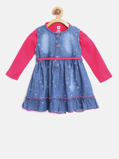 

612 league Girls Blue & Pink Printed Denim Fit & Flare Dress with T-shirt