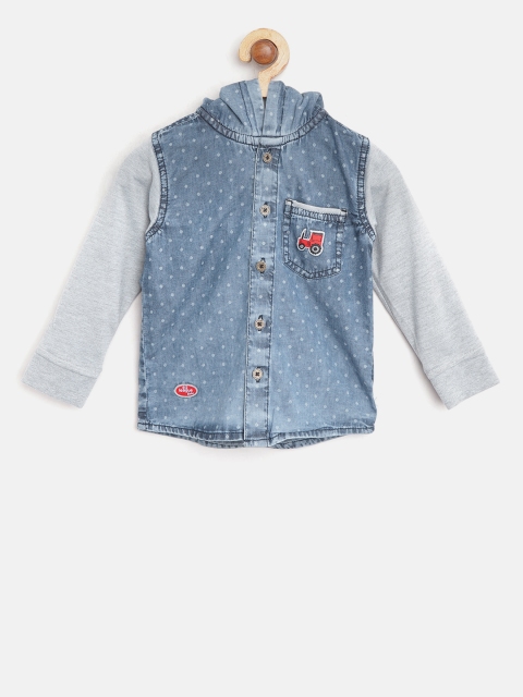

612 league Boys Blue Regular Fit Printed Hooded Denim Shirt