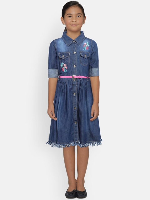 

612 league Girls Blue Solid Denim Shirt Dress