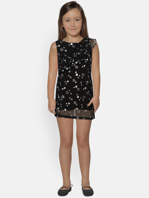 

612 league Girls Black Printed A-Line Dress
