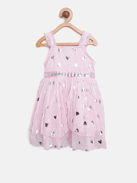 

612 league Girls Pink & Silver Heart Print Net Fit and Flare Dress