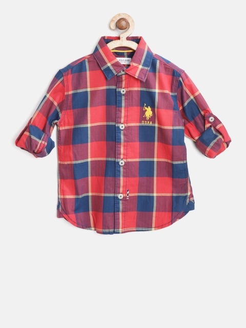 

U.S. Polo Assn. Kids Boys Red & Navy Blue Regular Fit Checked Casual Shirt