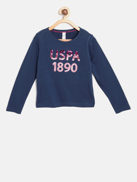 

U.S. Polo Assn. Kids Girls Navy Sequinned Round Neck T-shirt, Navy blue