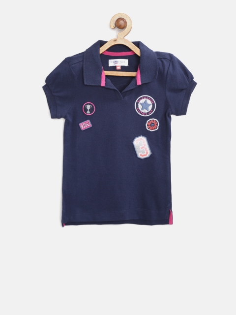 

U.S. Polo Assn. Kids Girls Navy Blue Applique Detail Polo Collar T-shirt