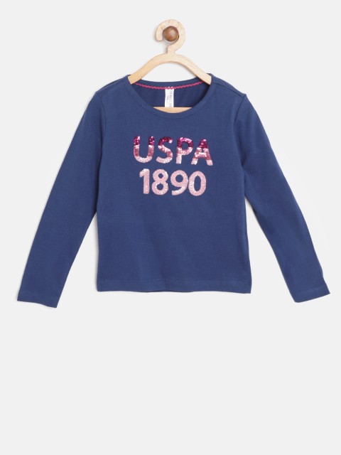 

U.S. Polo Assn. Kids Girls Navy Blue Sequinned Round Neck T-shirt