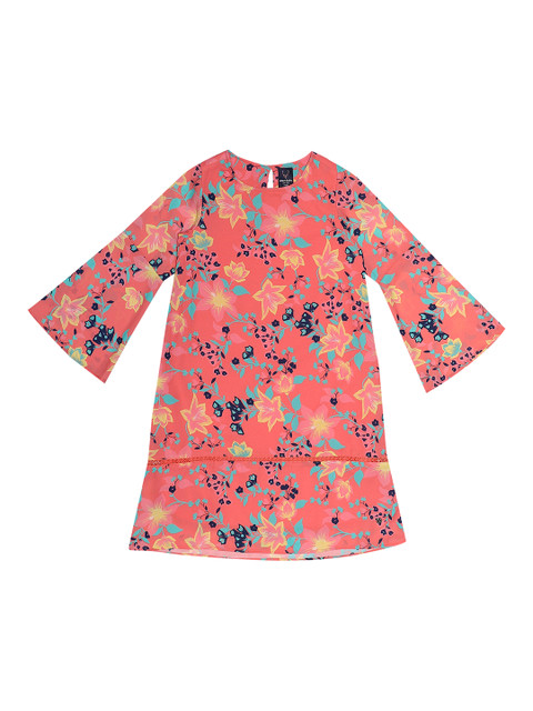 

Allen Solly Junior Girls Coral Pink Floral Printed A-Line Dress