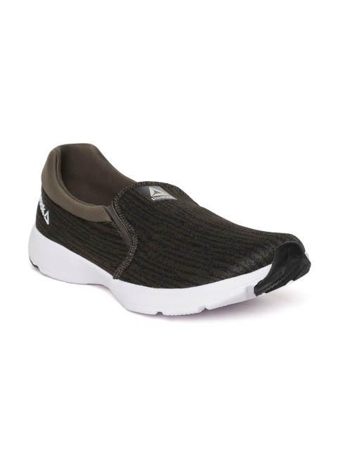 

Reebok Men Olive Brown & Black Stride Slip On Striped Running Shoes