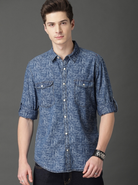 

Roadster Men Blue Jacquard Indigo Casual Shirt