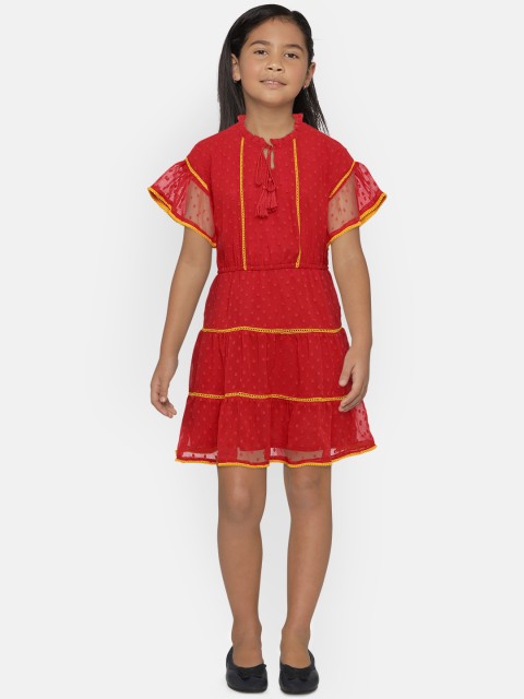 

Fame Forever by Lifestyle Girls Red Self Design Tiered Fit and Flare Dress