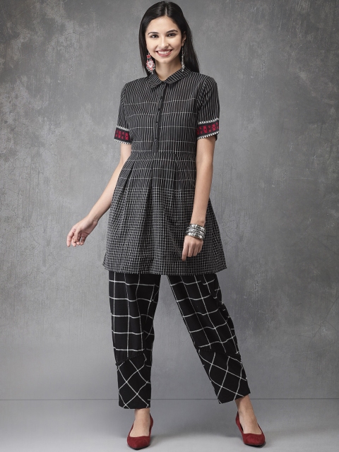 

Anouk Women Black & White Self Design Kurta with Trousers