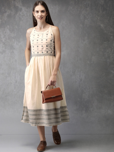 

Anouk Women Cream-Coloured Striped A-Line Dress