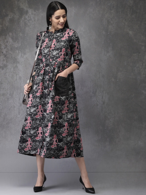 

Anouk Women Black & Pink Printed A-Line Kurta