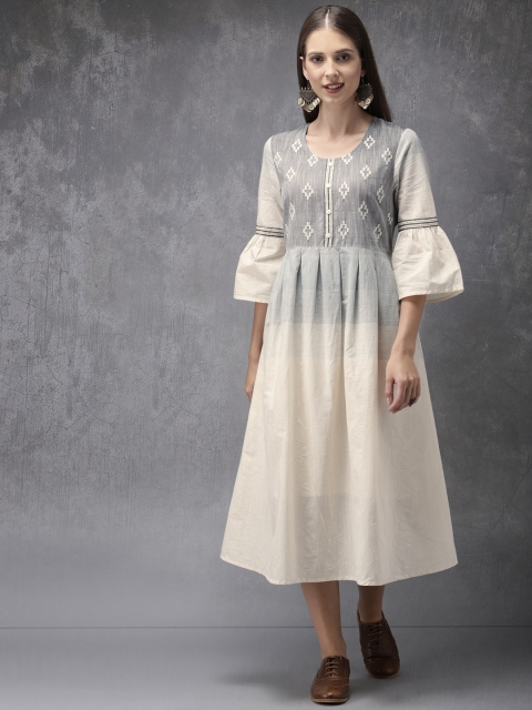 

Anouk Women Grey & Cream-Coloured Embroidered A-Line Kurta