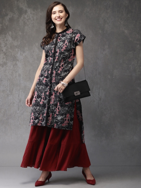 

Anouk Women Black & Pink Printed Pleated Straight Kurta