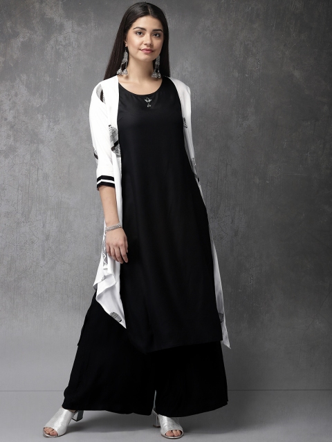

Anouk Women White & Black Printed Kurta with Jacket & Palazzo