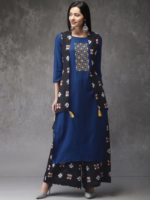 

Anouk Women Blue & Black Embroidered Kurta with Palazzos And Ethnic Jacket