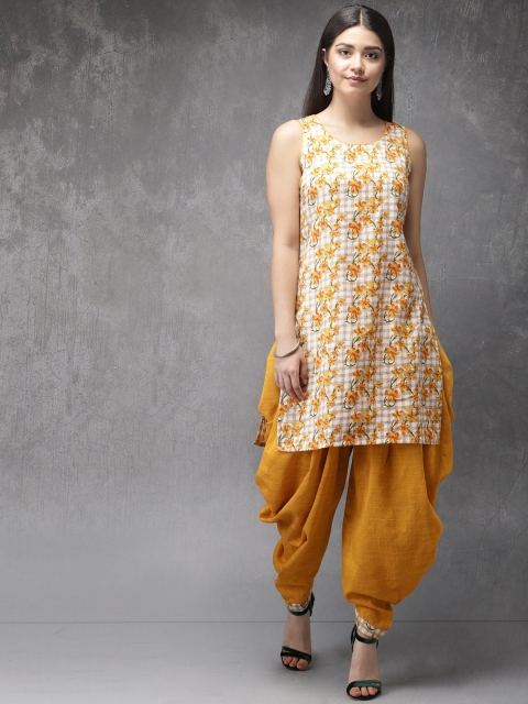 

Anouk Women Mustard Yellow & Off-White Printed Kurta with Dhoti Pants