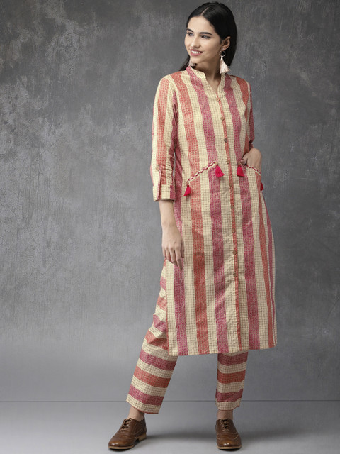

Anouk Women Beige & Red Striped Kurta with Trousers