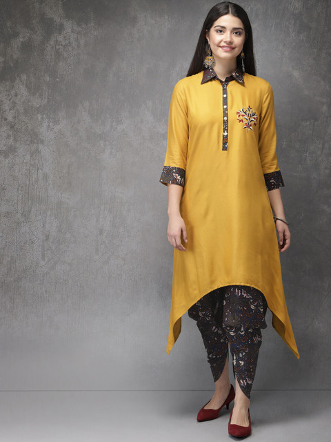 

Anouk Women Mustard Yellow Solid Kurta With Embroidery Detail & Black Printed Dhoti Pants