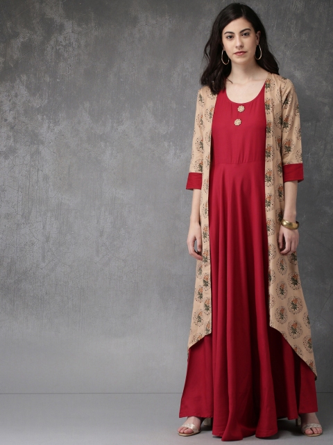 

Anouk Women Beige & Maroon Solid A-Line Layered Kurta