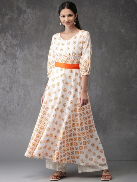 

Anouk Women White & Orange Printed A-Line Kurta