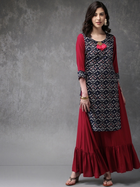 

Anouk Women Navy Blue & Red Printed A-Line Layered Kurta
