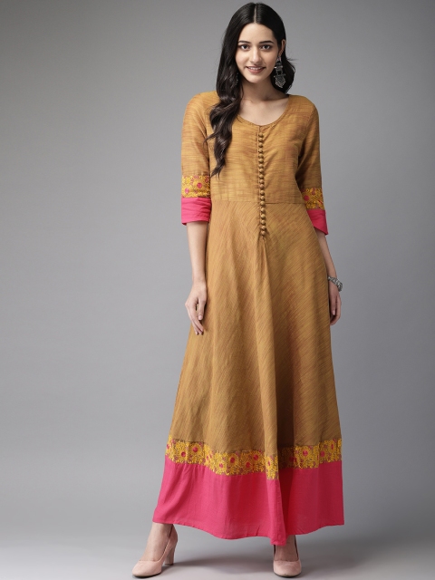 

Anouk Women Mustard Yellow & Pink Embroidered A-Line Kurta