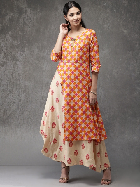 

Anouk Women Beige & Orange Printed A-Line Fusion Kurta