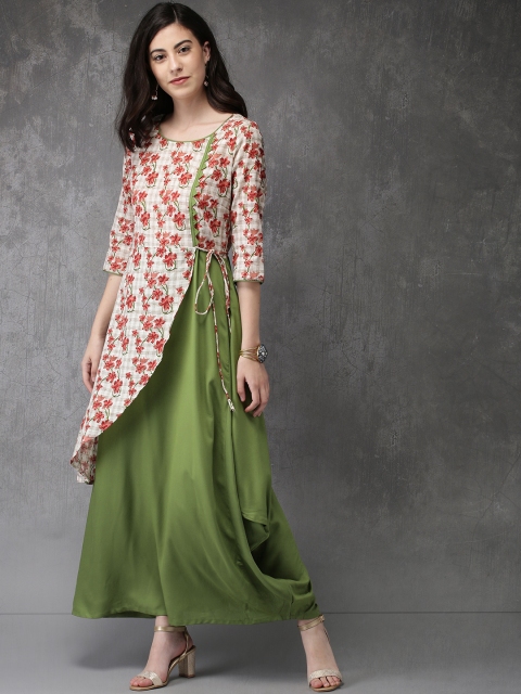 

Anouk Women Off-White & Green Floral Print A-Line Kurta