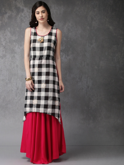 

Anouk Women Black & Grey Checked A-Line Fusion Kurta