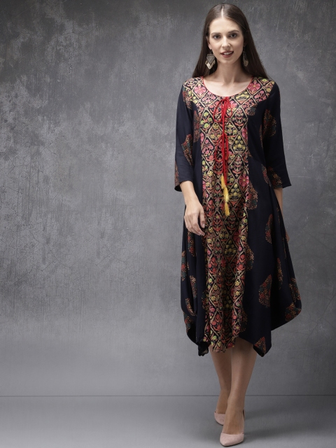 

Anouk Women Navy Blue & Yellow Printed A-Line Kurta
