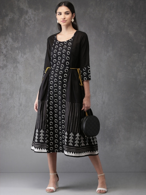 

Anouk Women Black & Off-White Printed A-Line Fusion Kurta