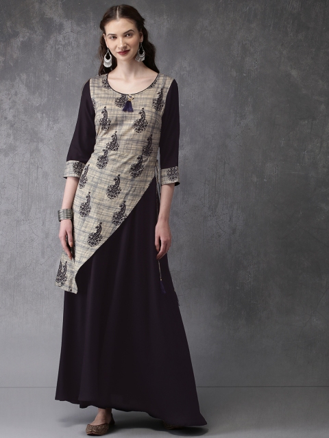 

Anouk Women Navy Blue & Beige Printed A-Line Kurta