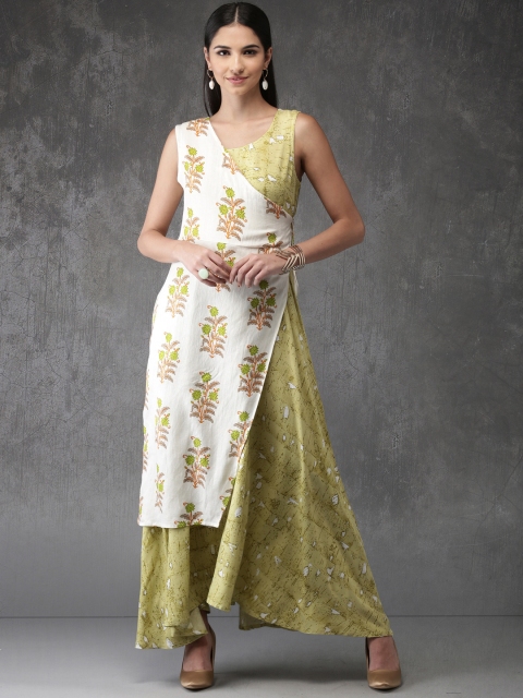

Anouk Women Green & White Floral Printed A-Line Layered Fusion Kurta