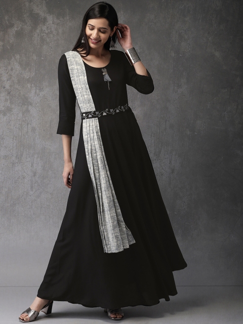

Anouk Women Black & Off-White Solid A-Line Fusion Kurta